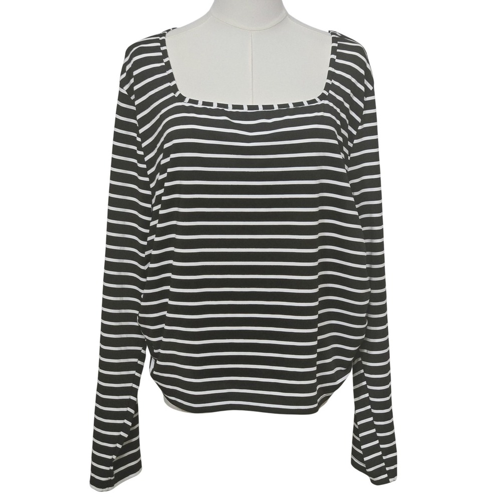Curvy Womens 5XL Plus Size Top Black White Striped Ruched Stretch Long Sleeve